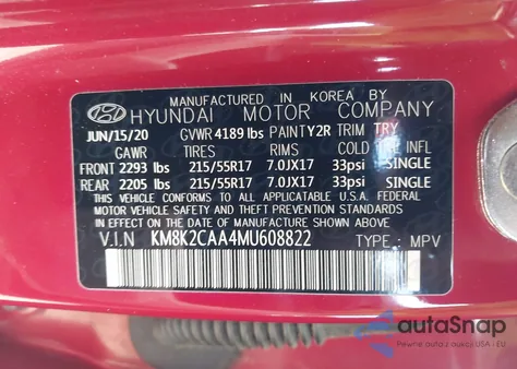 2021 Hyundai Kona Sel из США, поврежденный, VIN KM8K2CAA4MU608822
